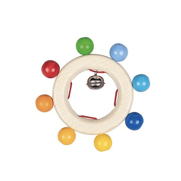 Baby Grijpring Hout Regenboog met Kralen en Belletje